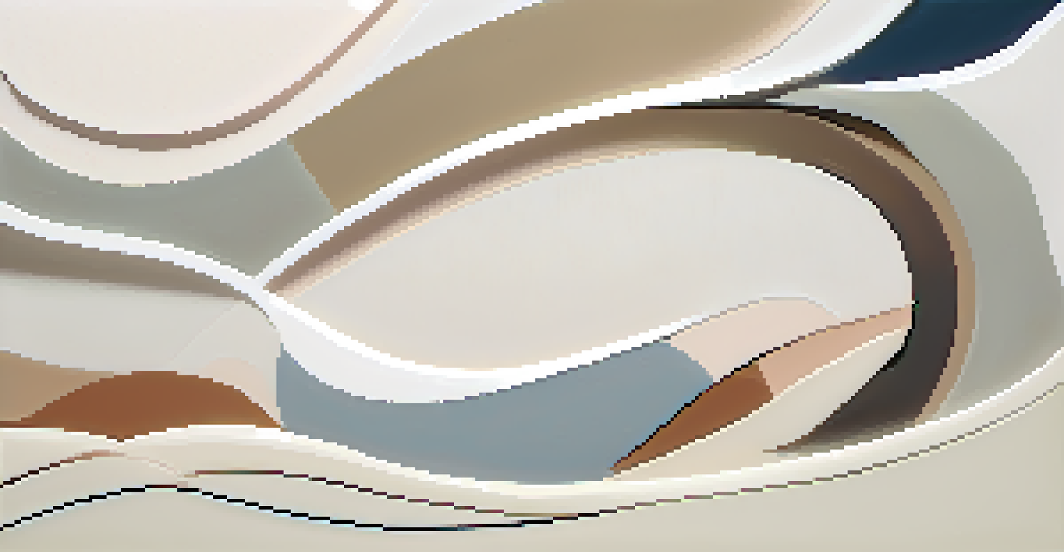 An abstract design featuring soft pastels in gentle curves and geometric shapes against a light cream background, with subtle textures enhancing the composition.