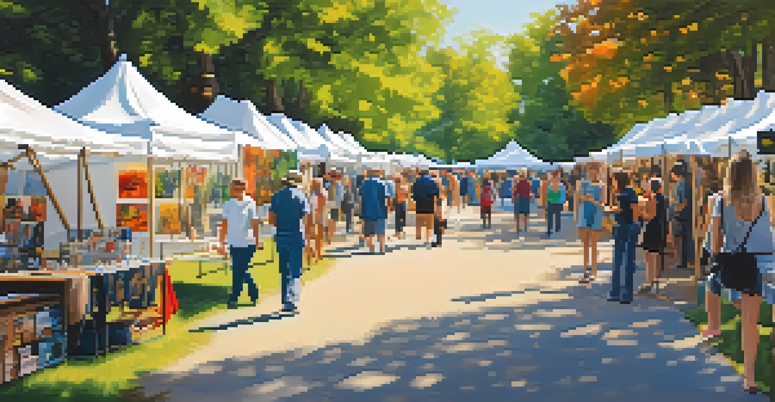 An outdoor art fair in a park, with artists showcasing their work and visitors exploring the booths.