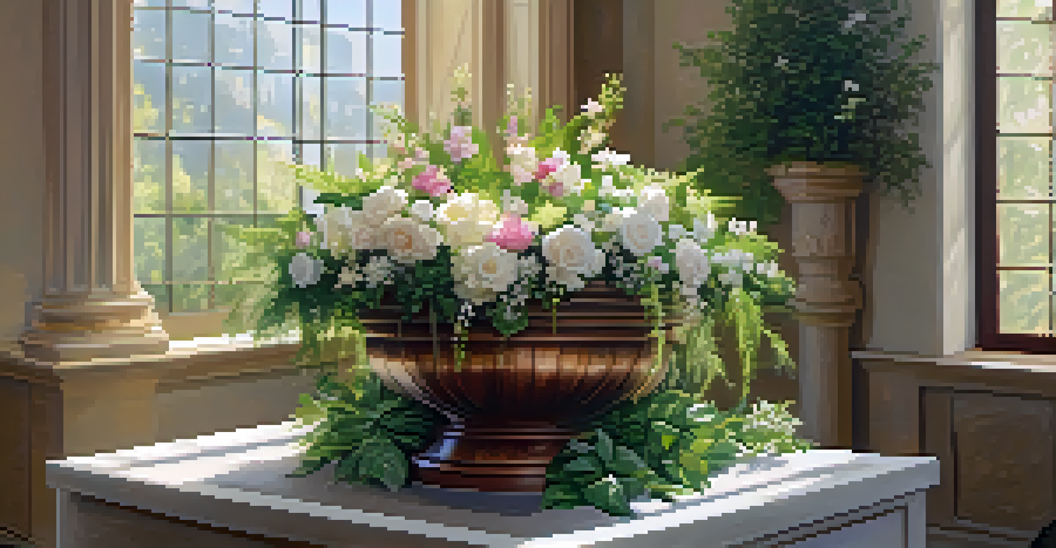 A baptismal font decorated with flowers and greenery, illuminated by soft natural light.