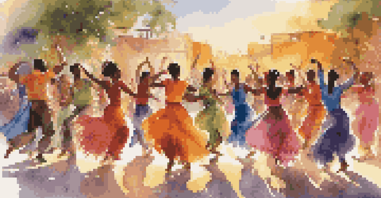 A diverse group of dancers in colorful outfits, joyfully dancing in an outdoor setting during sunset, capturing the essence of cultural expression.