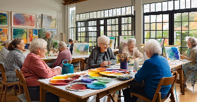 An art workshop with seniors happily participating in creative activities, surrounded by colorful artwork and natural light.