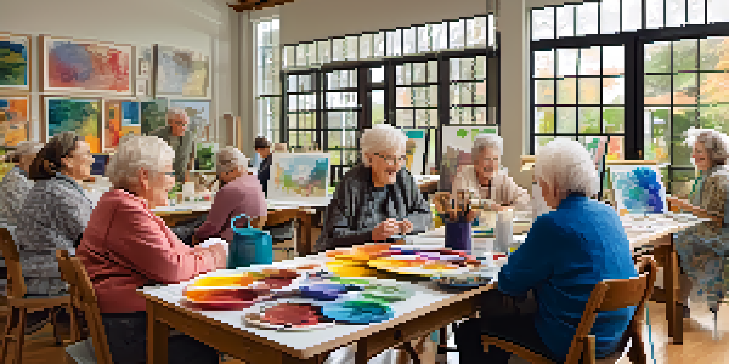 An art workshop with seniors happily participating in creative activities, surrounded by colorful artwork and natural light.