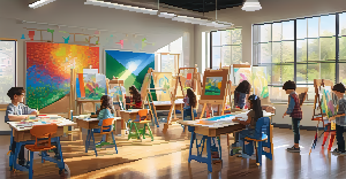 A lively art classroom with children painting and creating a mural, showcasing an environment of creativity and expression.