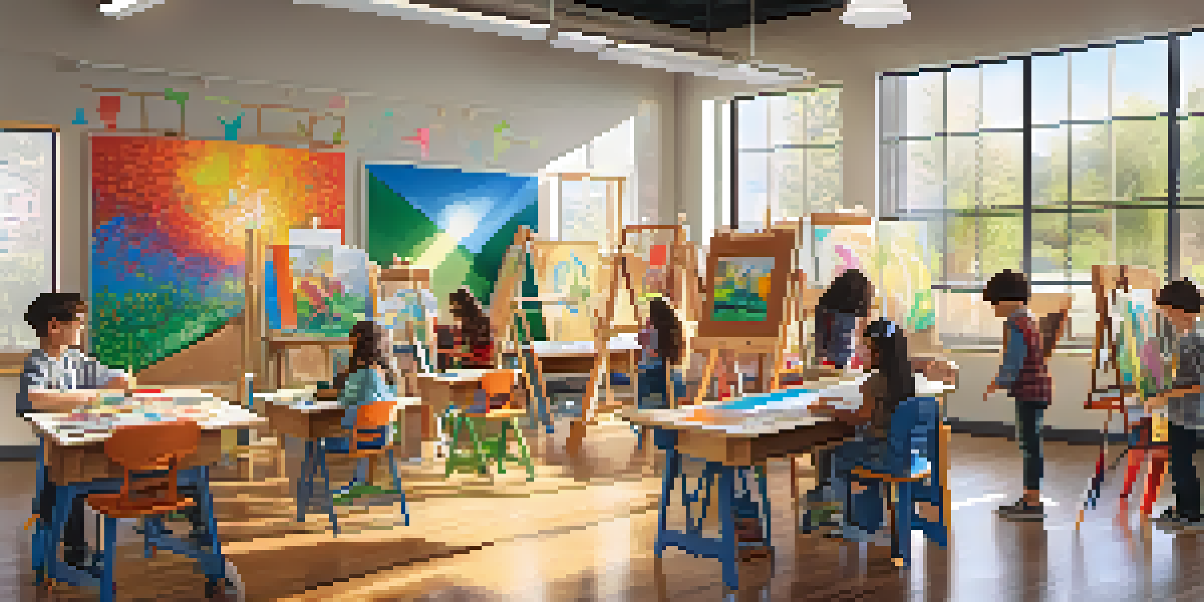A lively art classroom with children painting and creating a mural, showcasing an environment of creativity and expression.