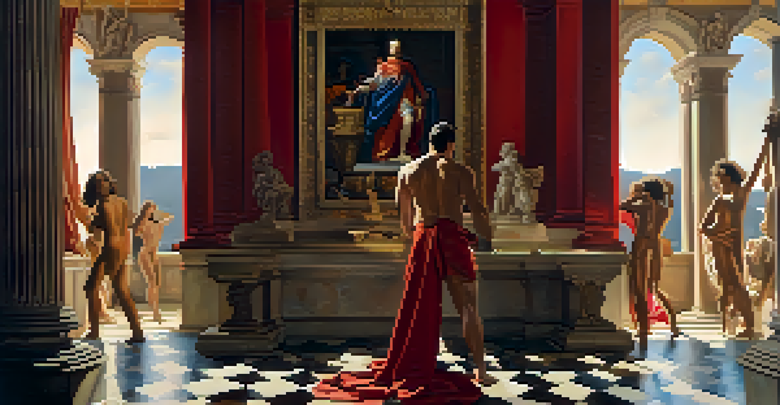 An artist in a Renaissance studio, focused on painting with sculptures and canvases around, illuminated by warm light.