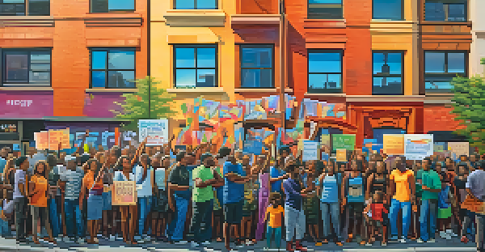 A colorful street mural showing diverse individuals in protest, surrounded by urban buildings and sunset lighting.