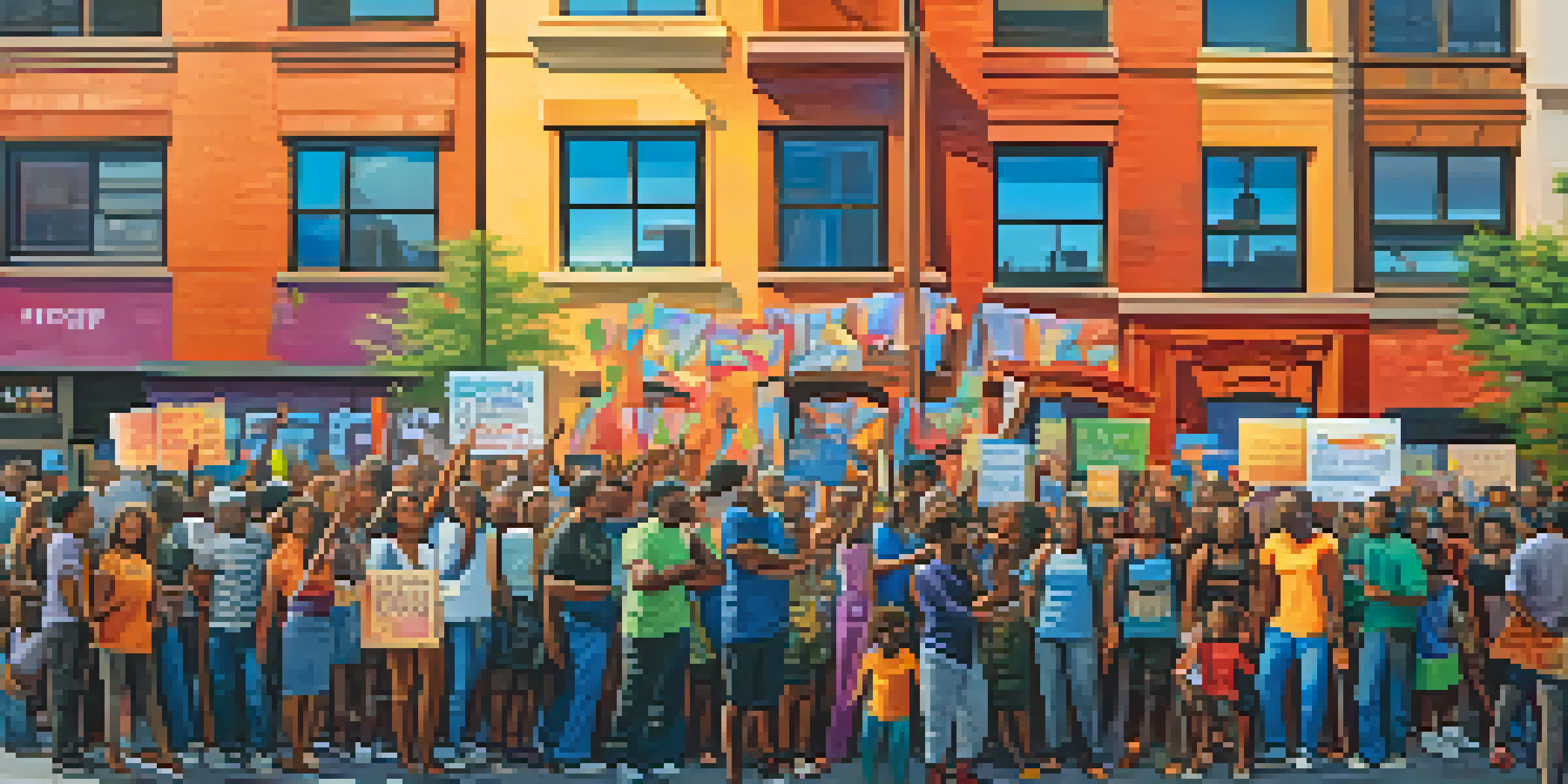 A colorful street mural showing diverse individuals in protest, surrounded by urban buildings and sunset lighting.