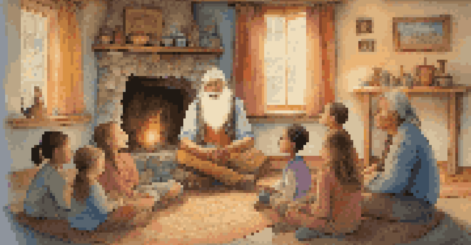 A cozy room where an elder storyteller shares a tale with children, surrounded by colorful folk art and whimsical illustrations.