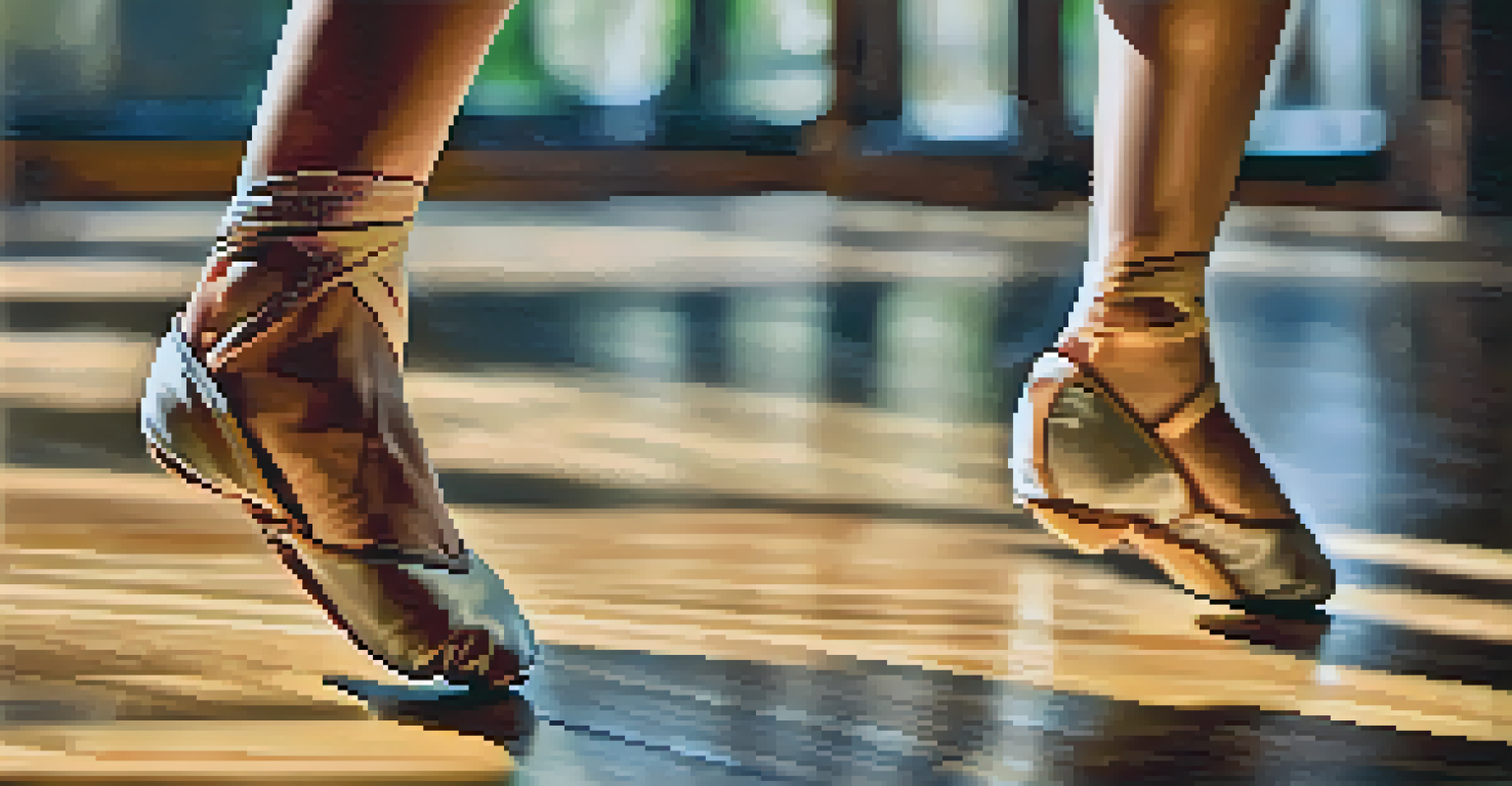 Close-up of a dancer's feet in motion on a wooden floor, showcasing the details of their dance shoes and the fluidity of their movement.