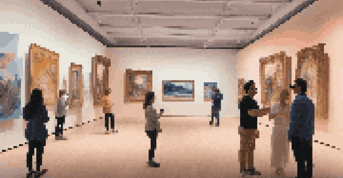 A digital museum in virtual reality featuring reimagined classic artworks and interactive displays.