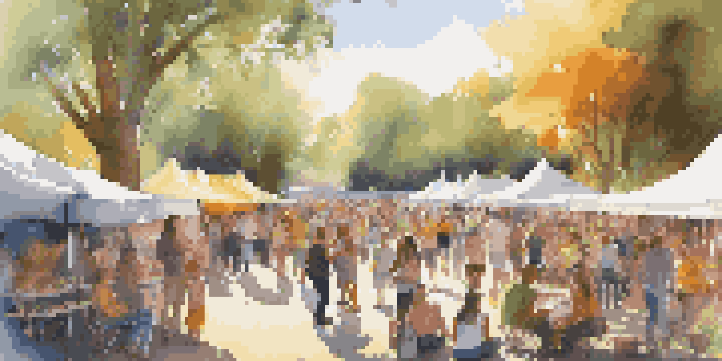 A lively outdoor art festival with colorful tents, diverse attendees enjoying music and art workshops under bright sunlight and trees.