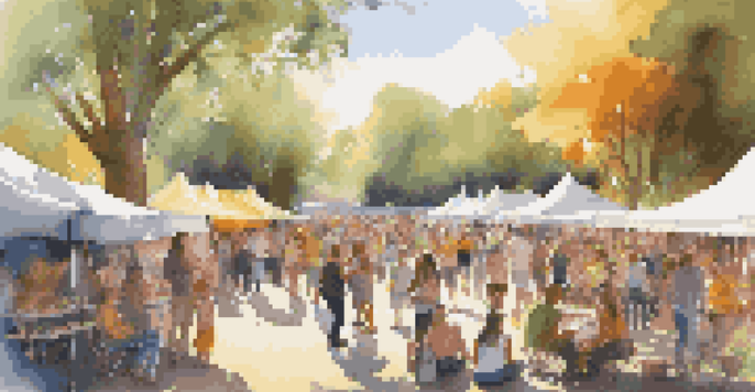 A lively outdoor art festival with colorful tents, diverse attendees enjoying music and art workshops under bright sunlight and trees.