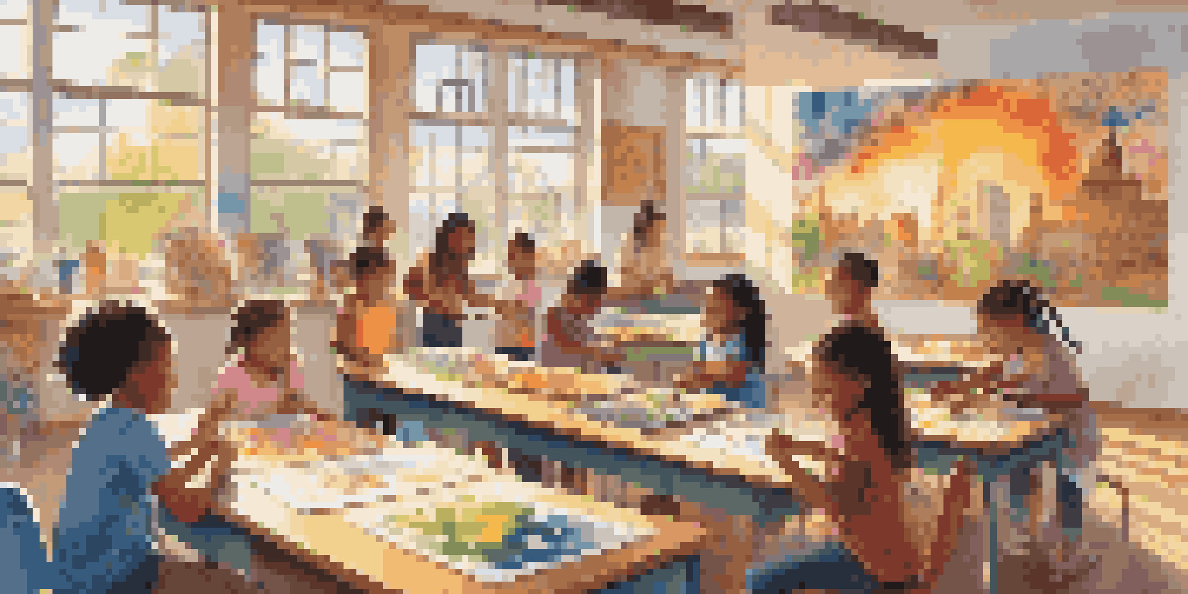 A colorful classroom with children of different backgrounds painting a mural together, surrounded by art supplies and sunlight.