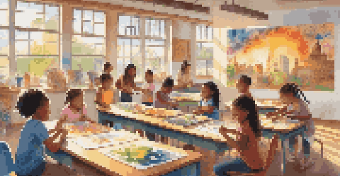 A colorful classroom with children of different backgrounds painting a mural together, surrounded by art supplies and sunlight.