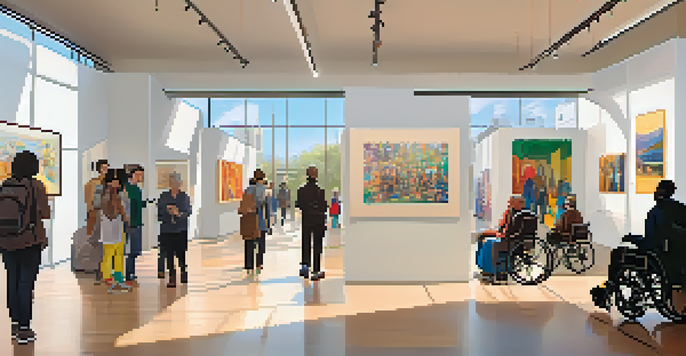 An art gallery showcasing diverse visitors interacting with colorful art pieces, featuring wheelchair ramps and audio guide stations, with soft natural light from large windows.