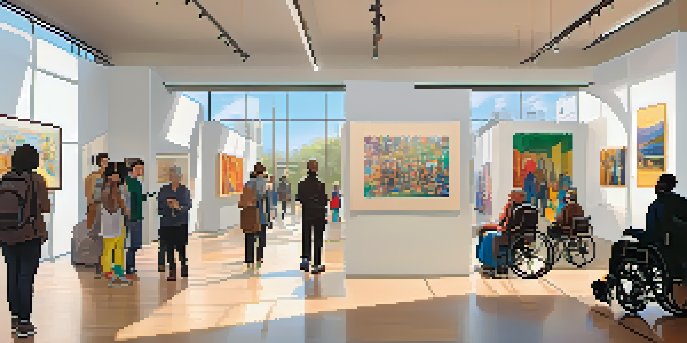 An art gallery showcasing diverse visitors interacting with colorful art pieces, featuring wheelchair ramps and audio guide stations, with soft natural light from large windows.
