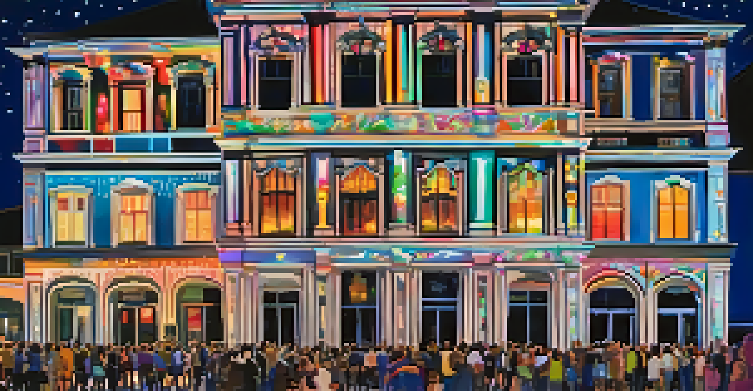 A historic building illuminated by colorful digital art projections during a night festival, with people enjoying the festive atmosphere.