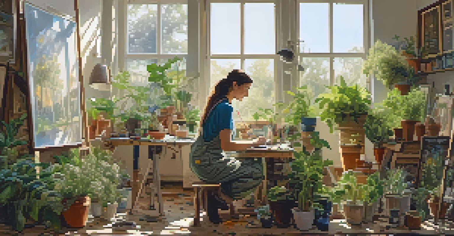 An artist working in a sunlit studio filled with eco-friendly materials, creating a canvas that reflects nature and sustainability themes.
