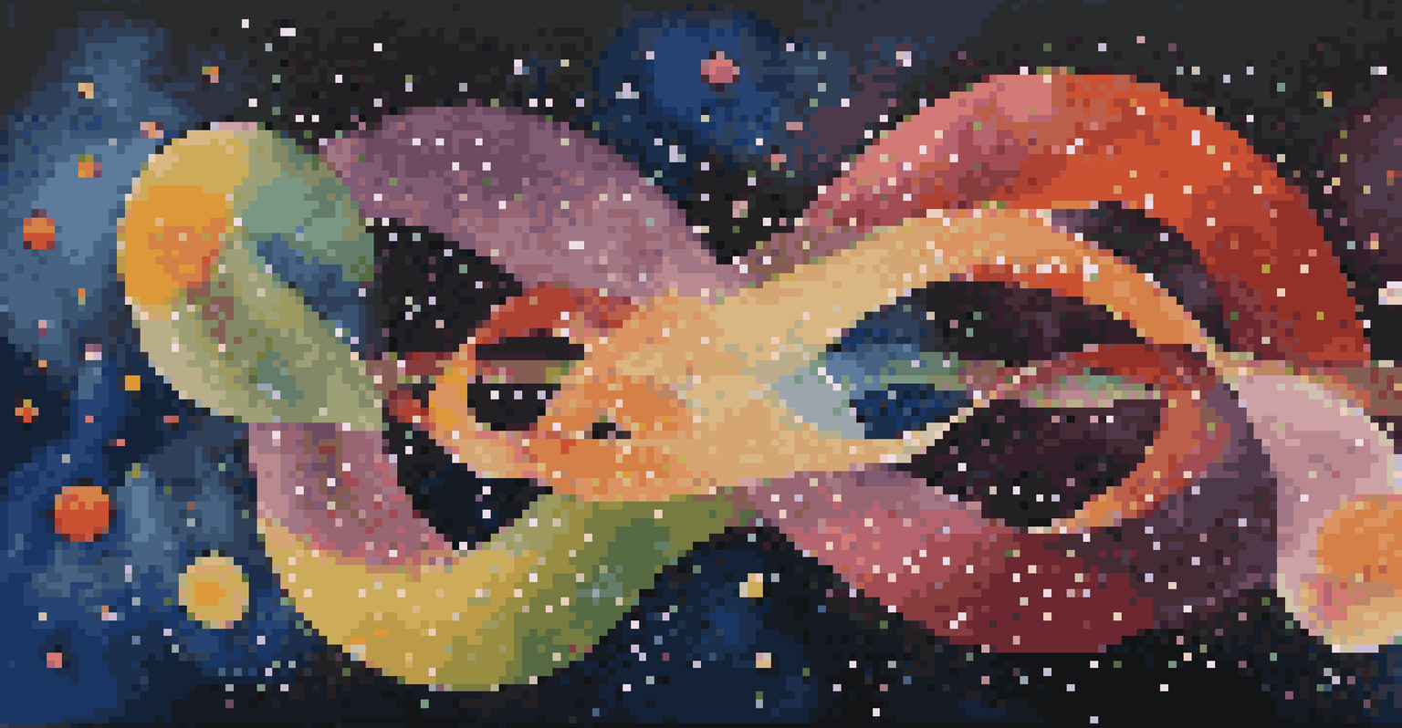 An abstract artwork featuring colorful polka dots on a dark background, symbolizing infinity and movement.