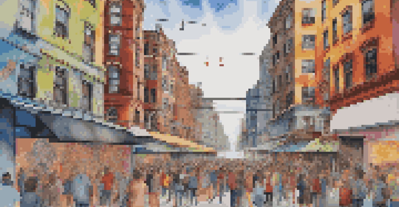 A colorful mural of a cityscape with vibrant details, enhanced by the sounds of urban life.