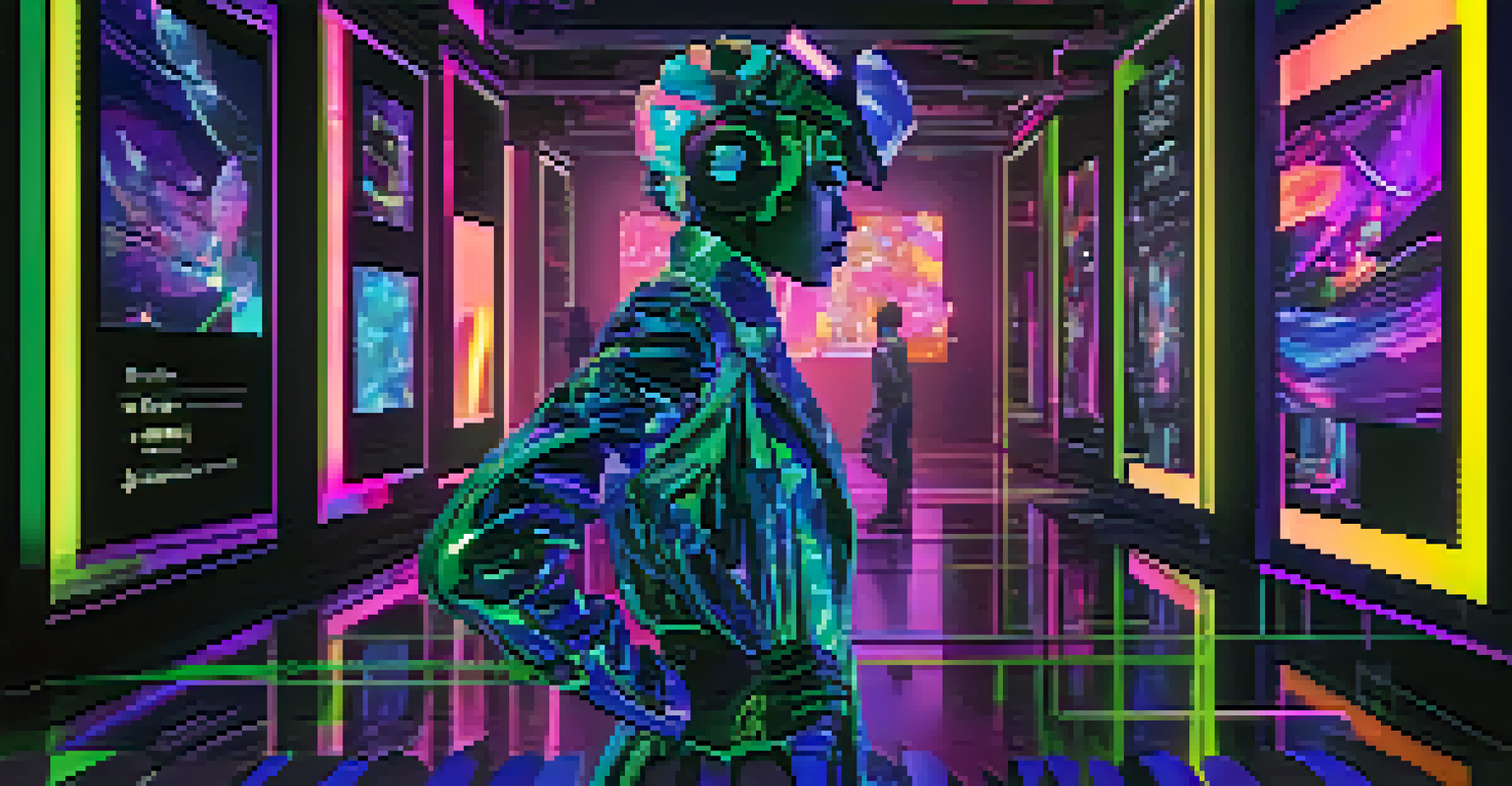 A performer interacting with a digital screen in a futuristic setting, featuring vibrant animations and neon colors.