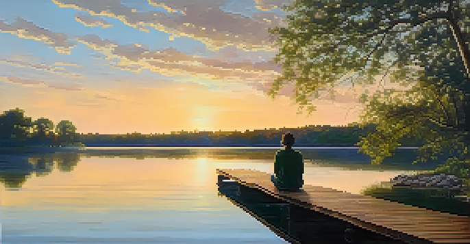 A peaceful scene with a person sitting on a dock by a calm lake, surrounded by trees, illuminated by sunset light.