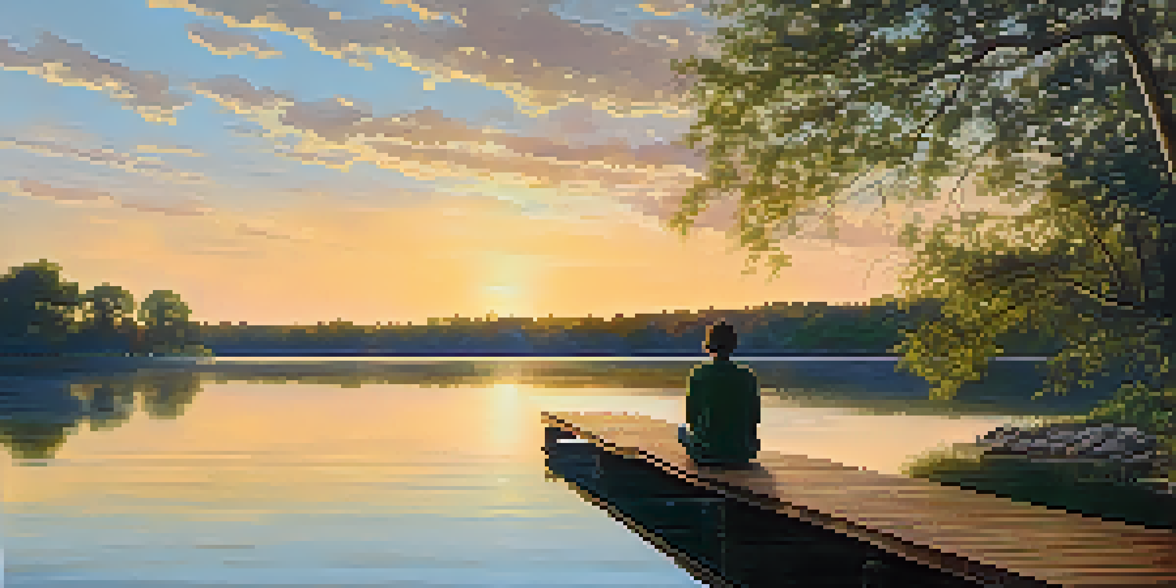 A peaceful scene with a person sitting on a dock by a calm lake, surrounded by trees, illuminated by sunset light.