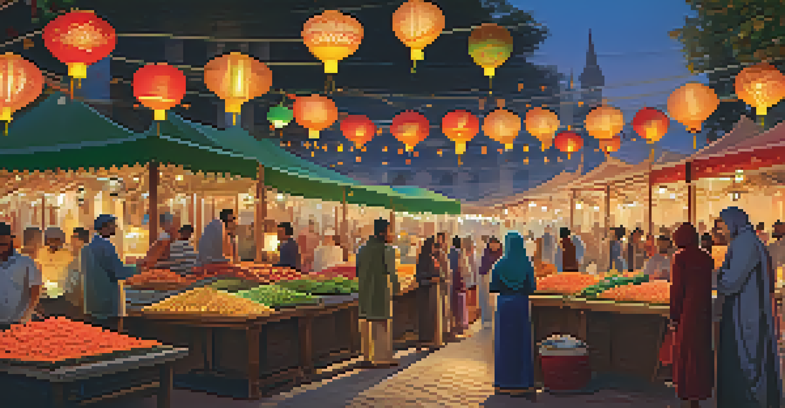 A vibrant outdoor market scene during Ramadan, decorated with colorful lanterns and banners, filled with people celebrating together.