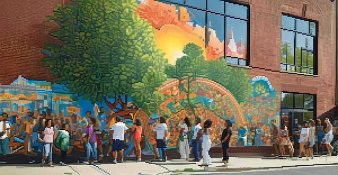 A colorful mural on a brick wall showcasing various cultural stories, with lush plants and people interacting nearby.
