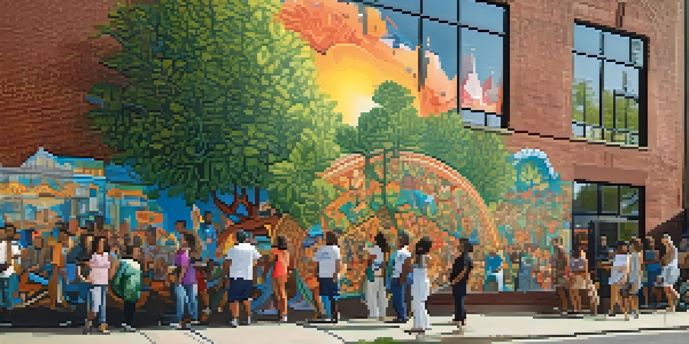 A colorful mural on a brick wall showcasing various cultural stories, with lush plants and people interacting nearby.