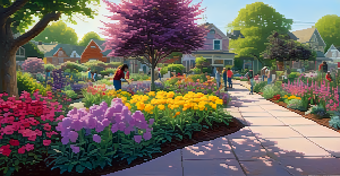 A diverse group of people working together in a colorful community garden filled with blooming flowers and lush greenery under soft sunlight.