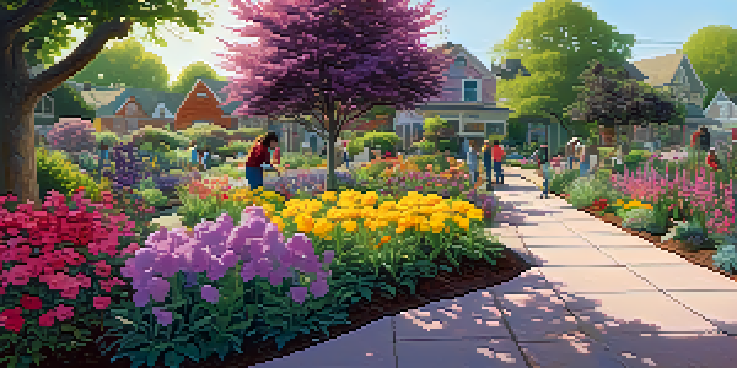 A diverse group of people working together in a colorful community garden filled with blooming flowers and lush greenery under soft sunlight.