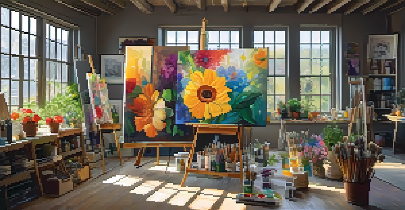 An artist's studio with canvases, art supplies, and sunlight illuminating a flower garden painting on an easel.