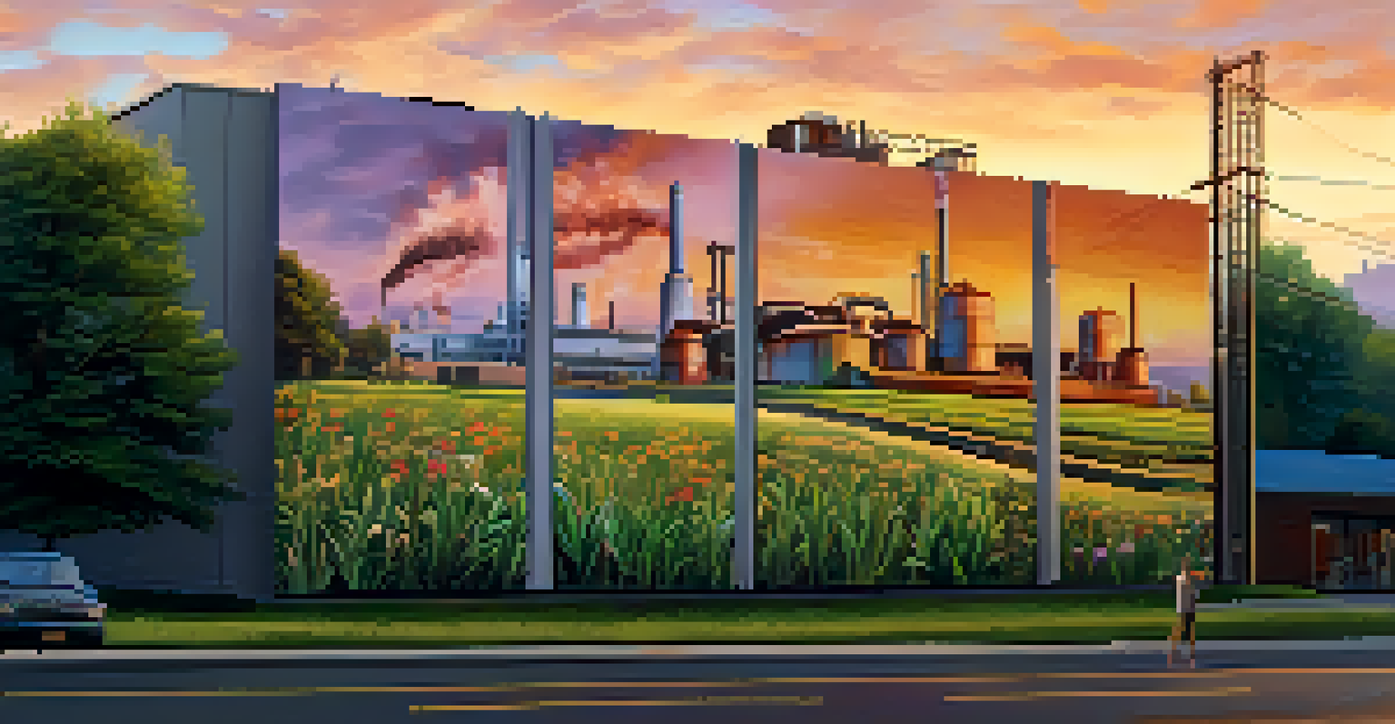 A serene landscape with a giant mural on a building showing the impact of pollution on nature, highlighted by a warm golden hour glow.
