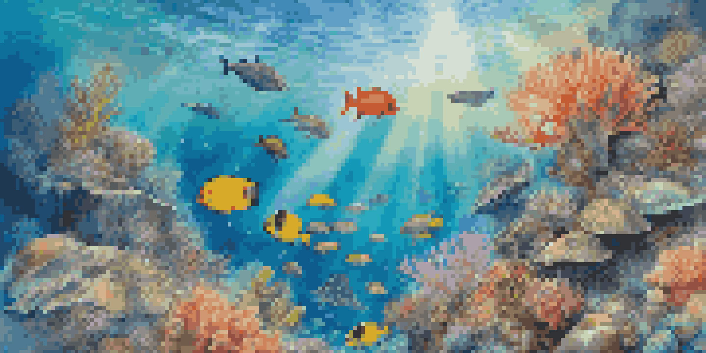 An underwater coral reef filled with colorful fish, sea turtles, and anemones, illuminated by sunlight.