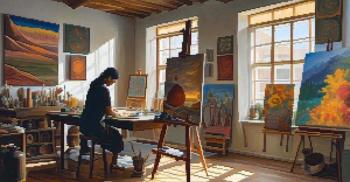 An artist in a colorful studio surrounded by cultural artifacts, with sunlight illuminating the space.