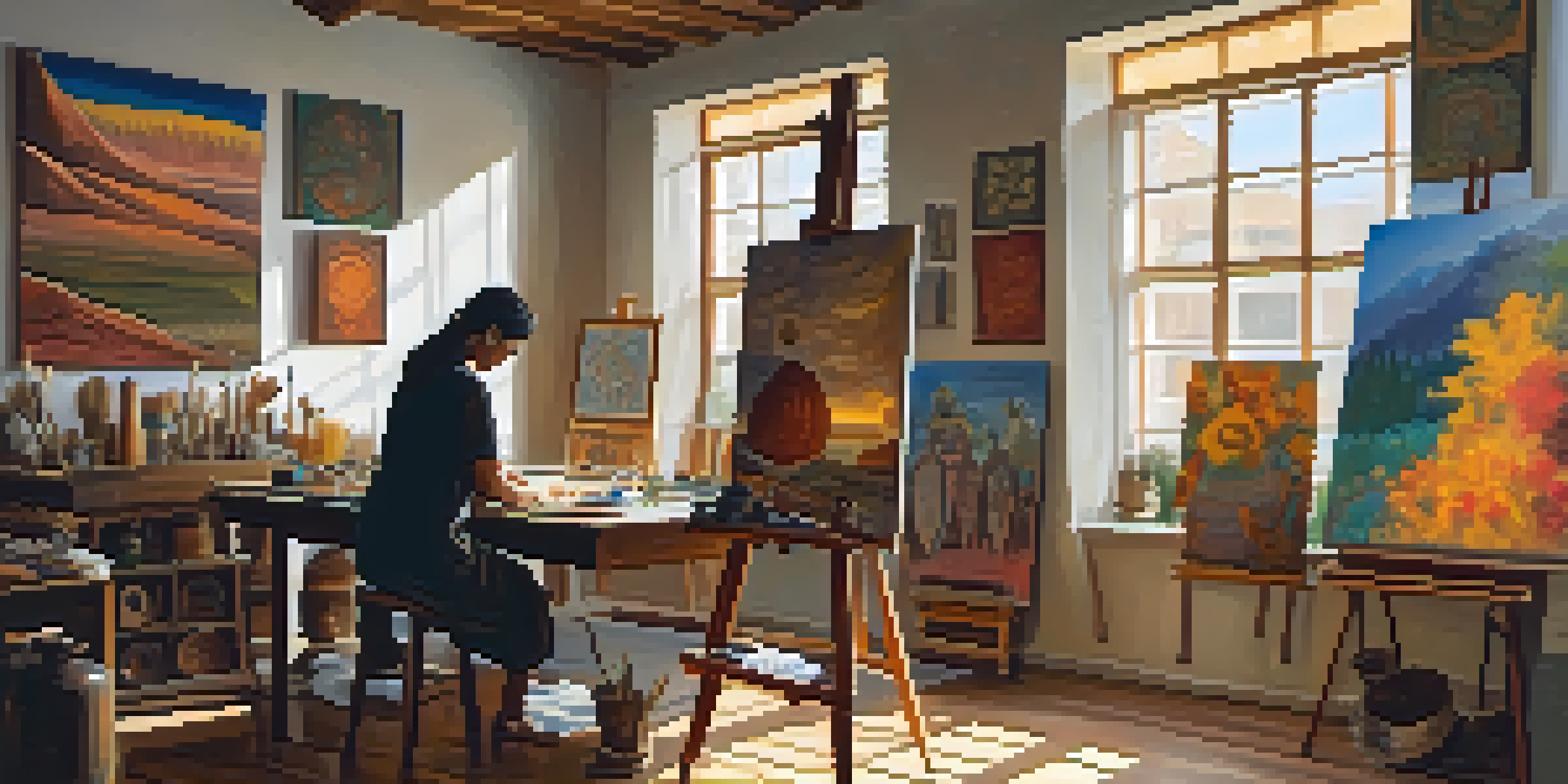 An artist in a colorful studio surrounded by cultural artifacts, with sunlight illuminating the space.