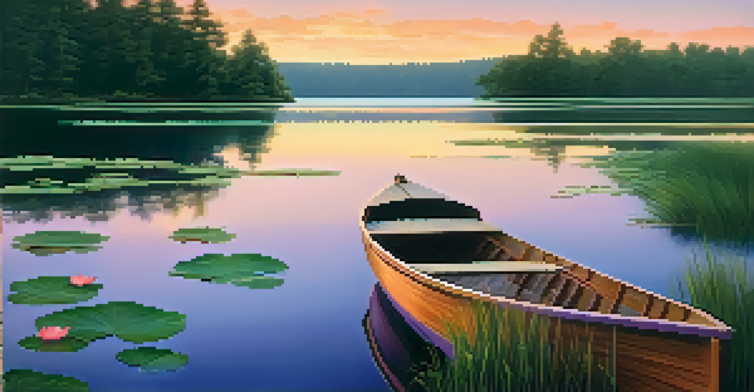 A peaceful landscape of a lake at sunset with reflections of pink and orange in the water.