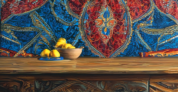 A detailed close-up of colorful batik fabric with complex patterns displayed on a wooden table, illuminated by soft natural light.