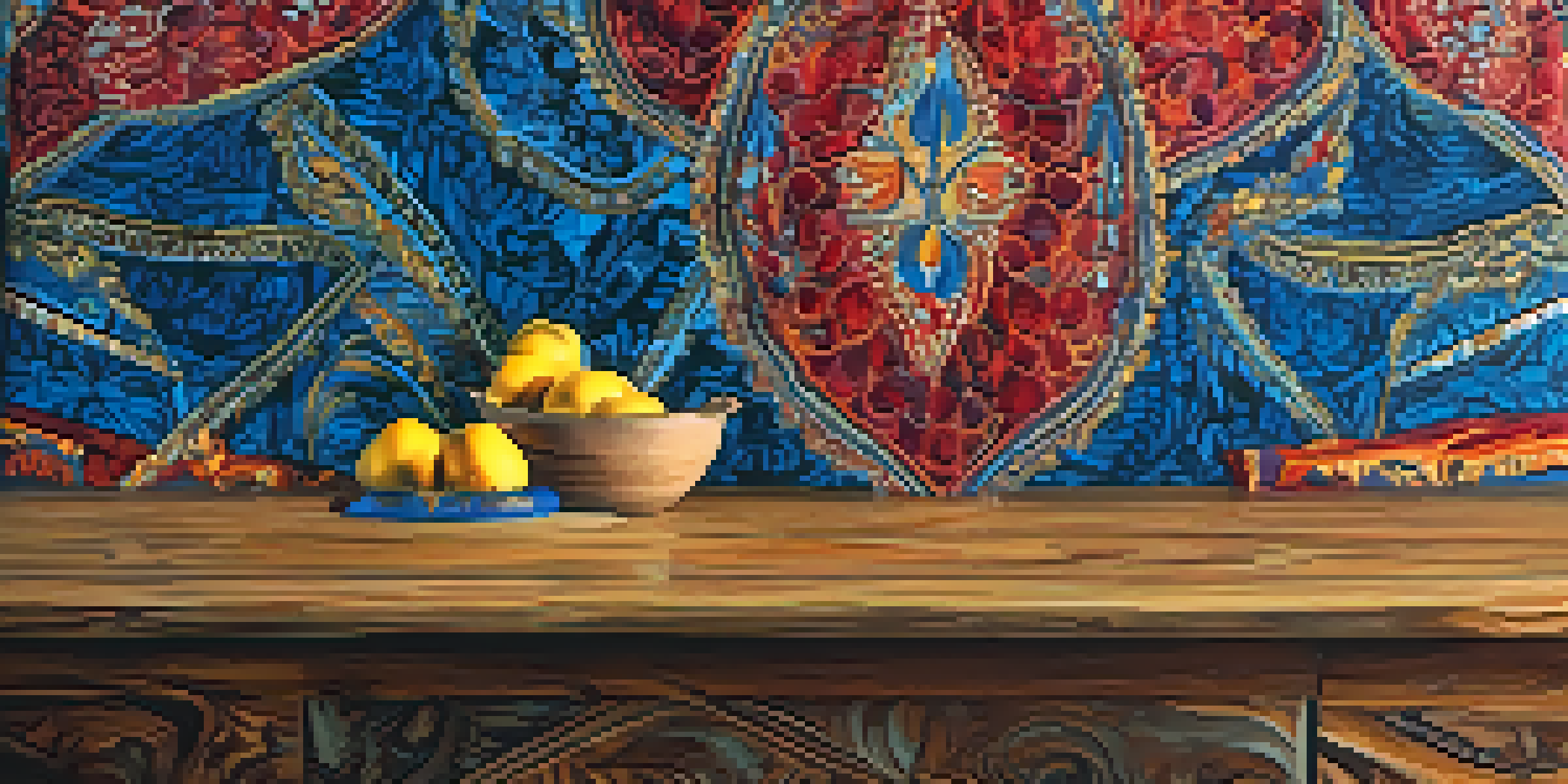 A detailed close-up of colorful batik fabric with complex patterns displayed on a wooden table, illuminated by soft natural light.