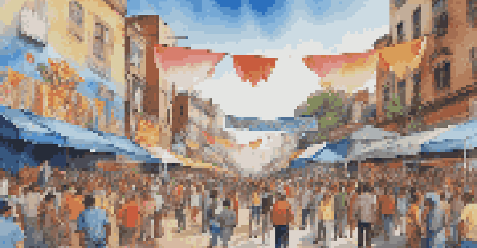 A bustling street art festival with artists painting murals, surrounded by spectators and colorful banners under a sunny sky.