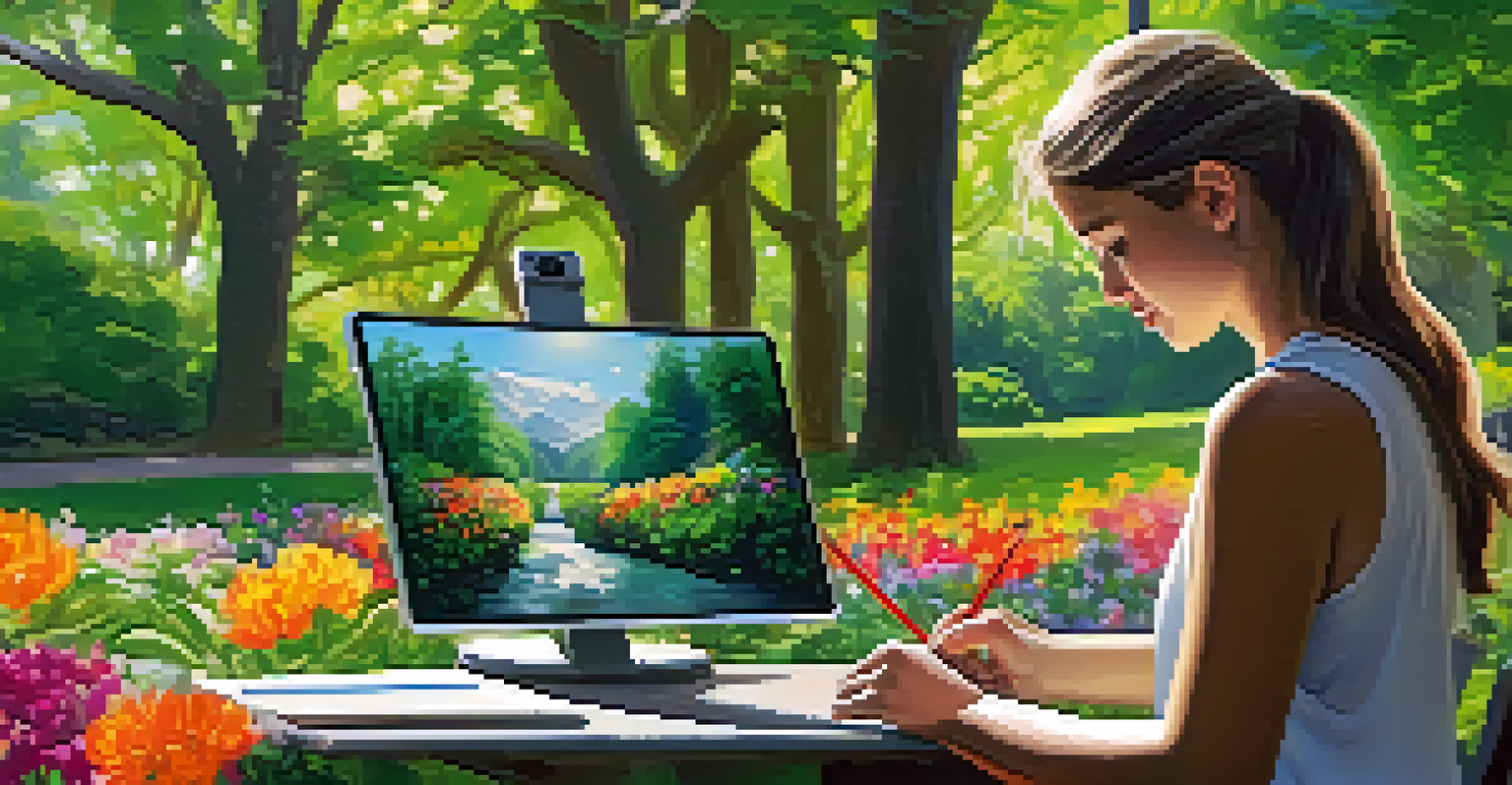 A student painting a landscape on a digital tablet in a vibrant outdoor setting filled with greenery and flowers.