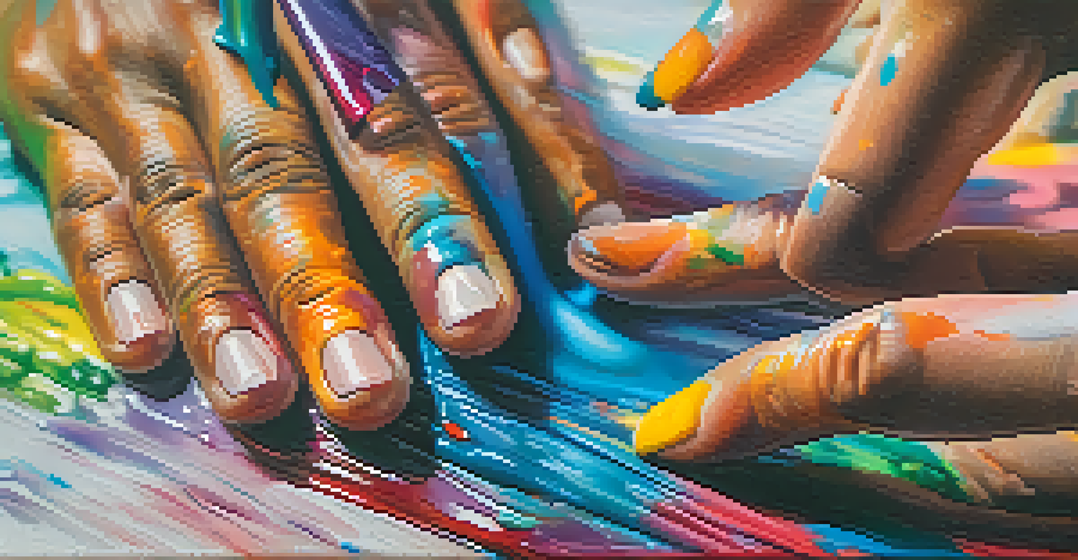 Close-up of an artist's hands painting a colorful piece on textured canvas, showing the artistic process.