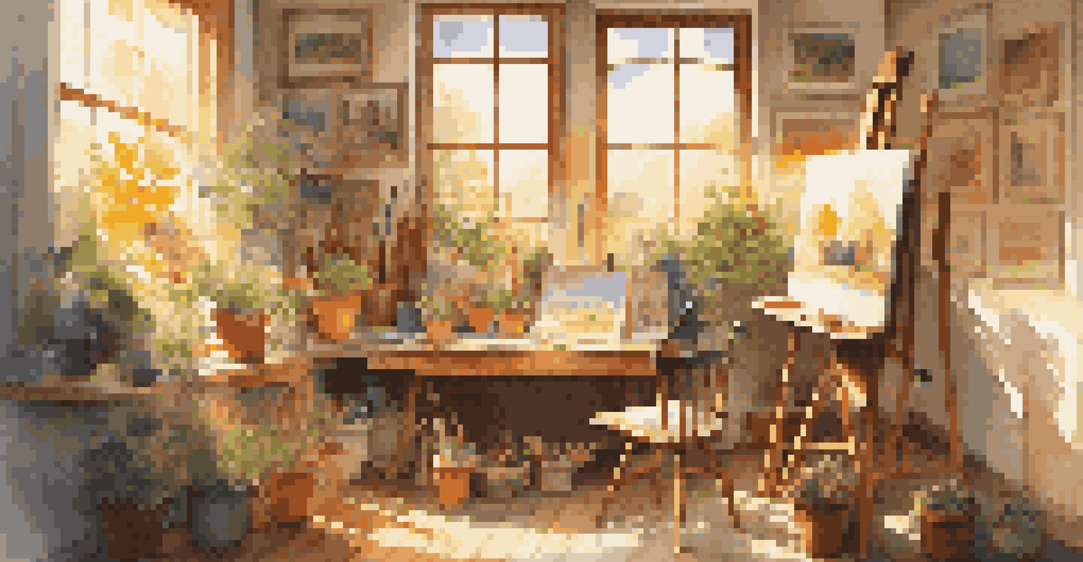 An artist's studio with canvases, paintbrushes, warm sunlight, and colorful paintings adorning the walls.