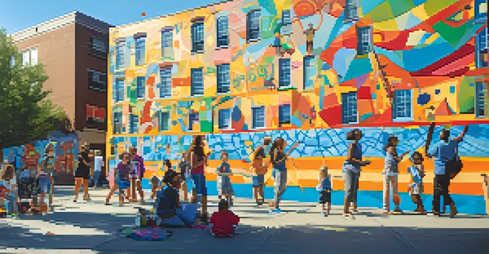 A colorful community mural being painted by diverse artists, showcasing collaboration and joy under a bright sky.