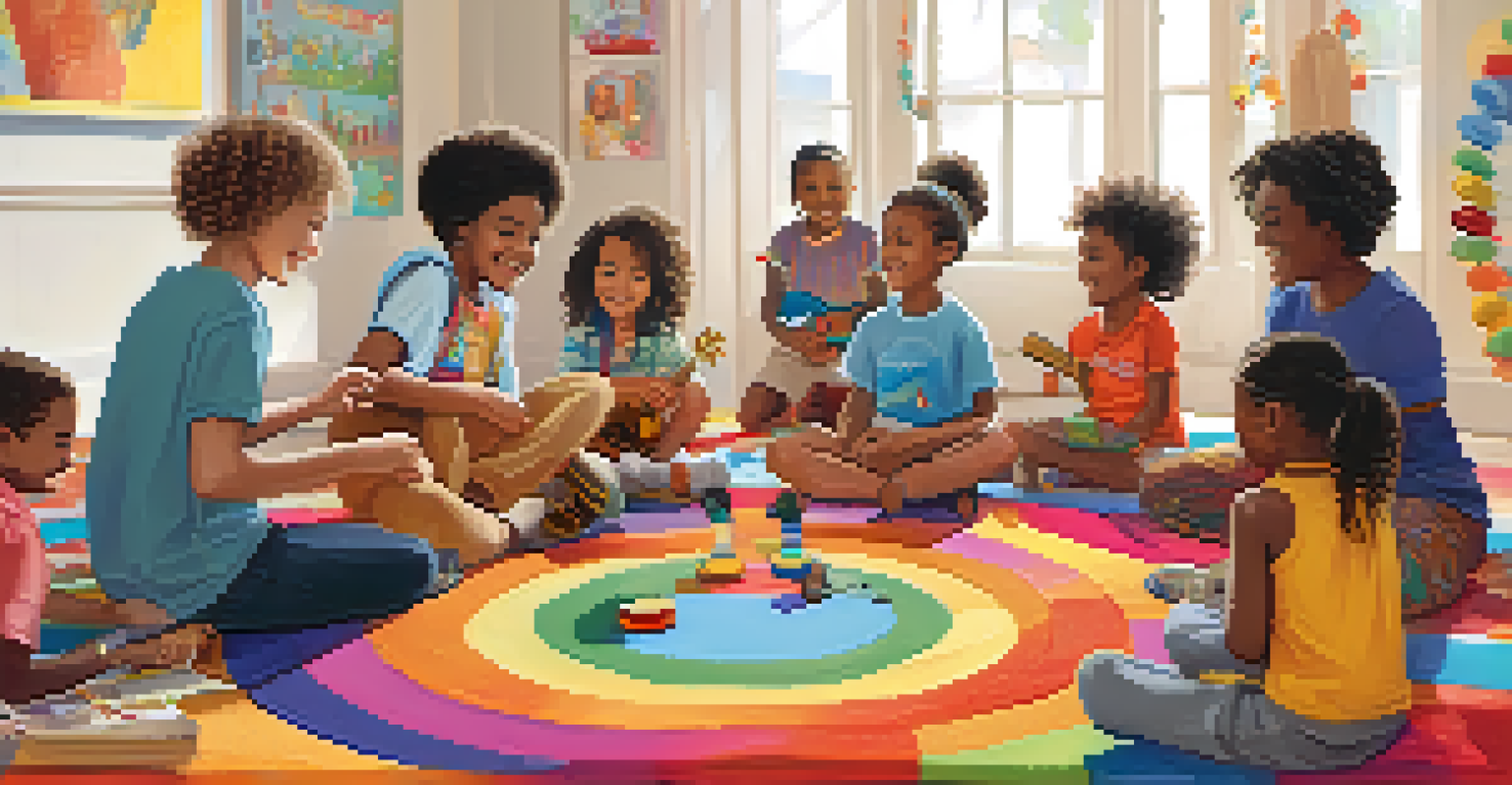 Children participating in a music therapy session, playing instruments and smiling together.