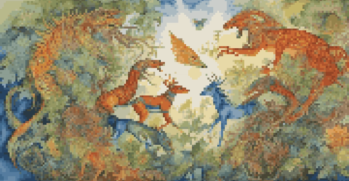 A colorful artwork inspired by Indigenous North American culture, illustrating mythical creatures and nature with intricate patterns and bright colors.