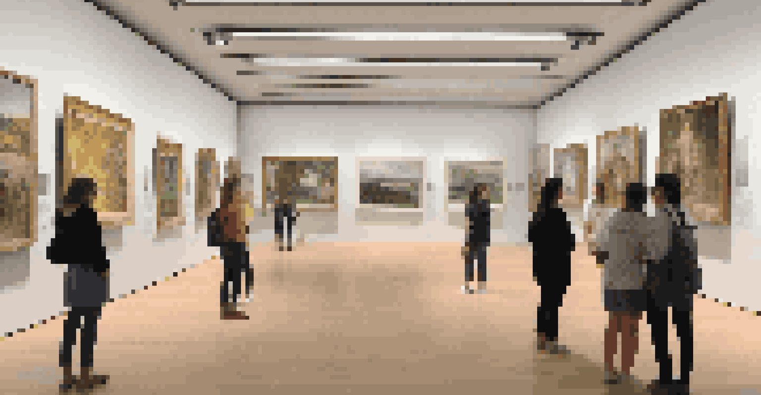 A virtual gallery with famous artworks displayed in 3D, students exploring and discussing the art in a well-lit environment.