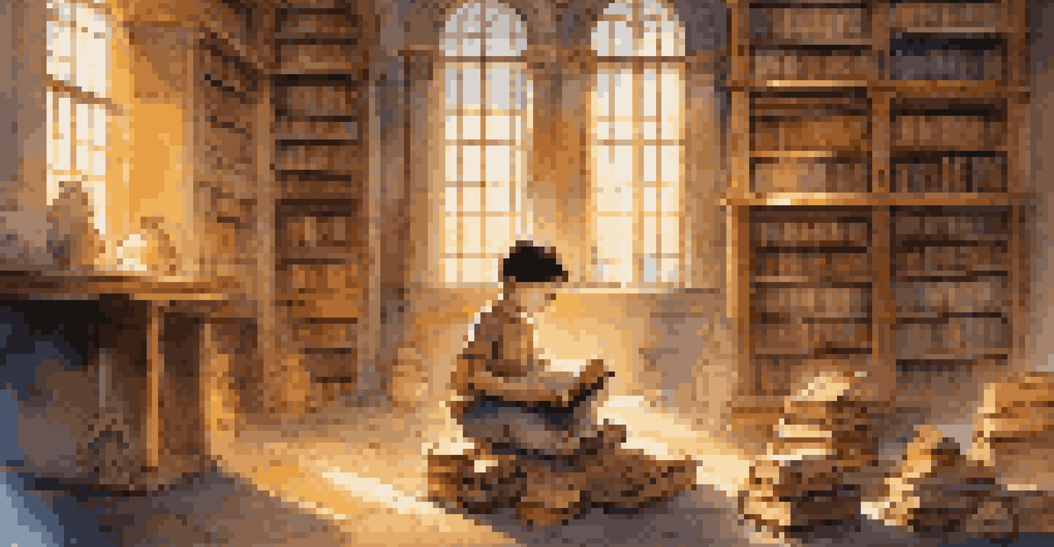 A cozy library scene with a child reading about myths, surrounded by ancient books and warm golden light.