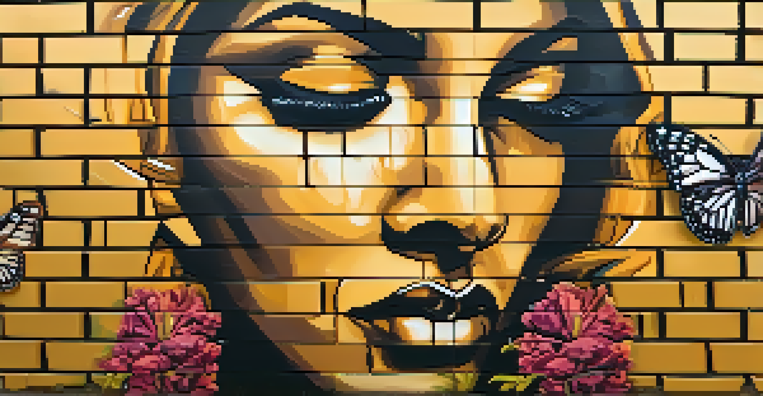 A striking street art piece of a woman's face with tears, surrounded by flowers and butterflies, illuminated by a golden sunset.